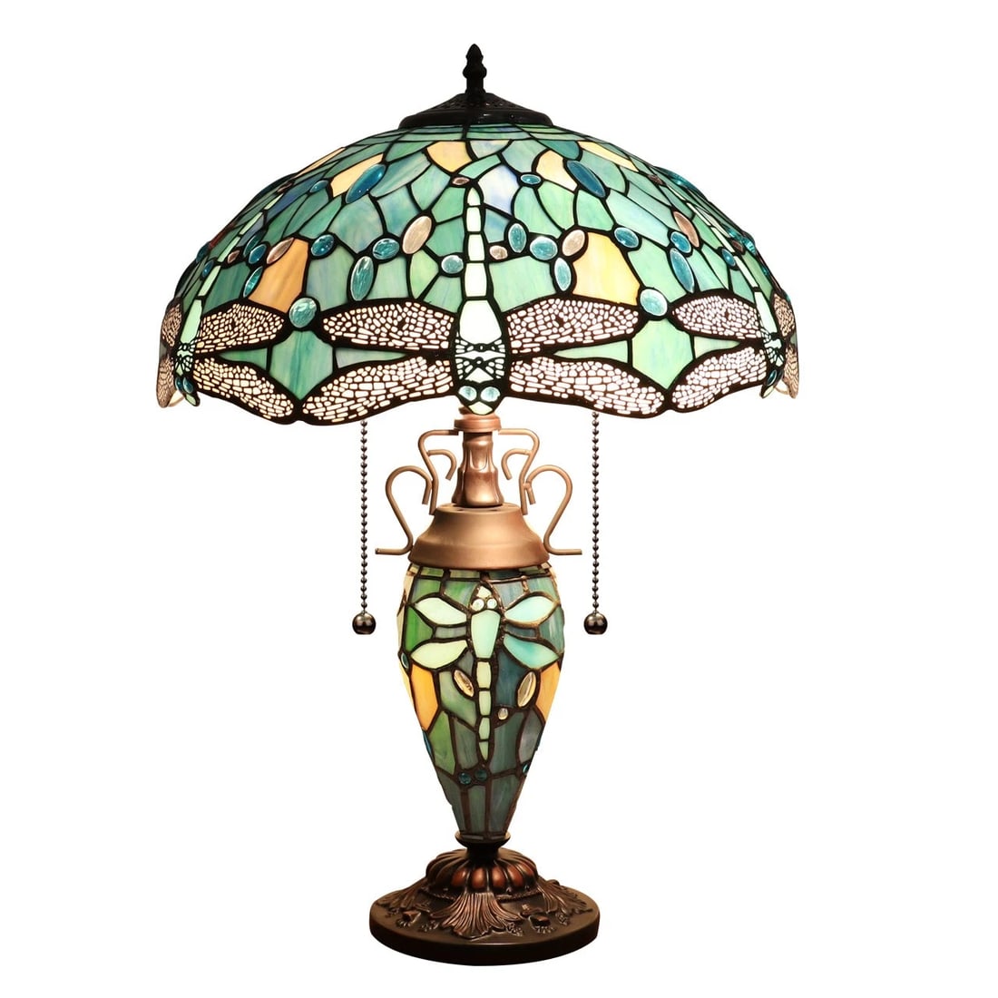 22.44" Stained Glass Dragonfly Lighted Base Table Lamp: Title:22.44" Stained Glass Dragonfly Lighted Base Table Lamp Description:22.44 Tall x 15.94 Wide Wonderful reproduction stained glass double lit top and lighted base table lamp, a stunning work of art
