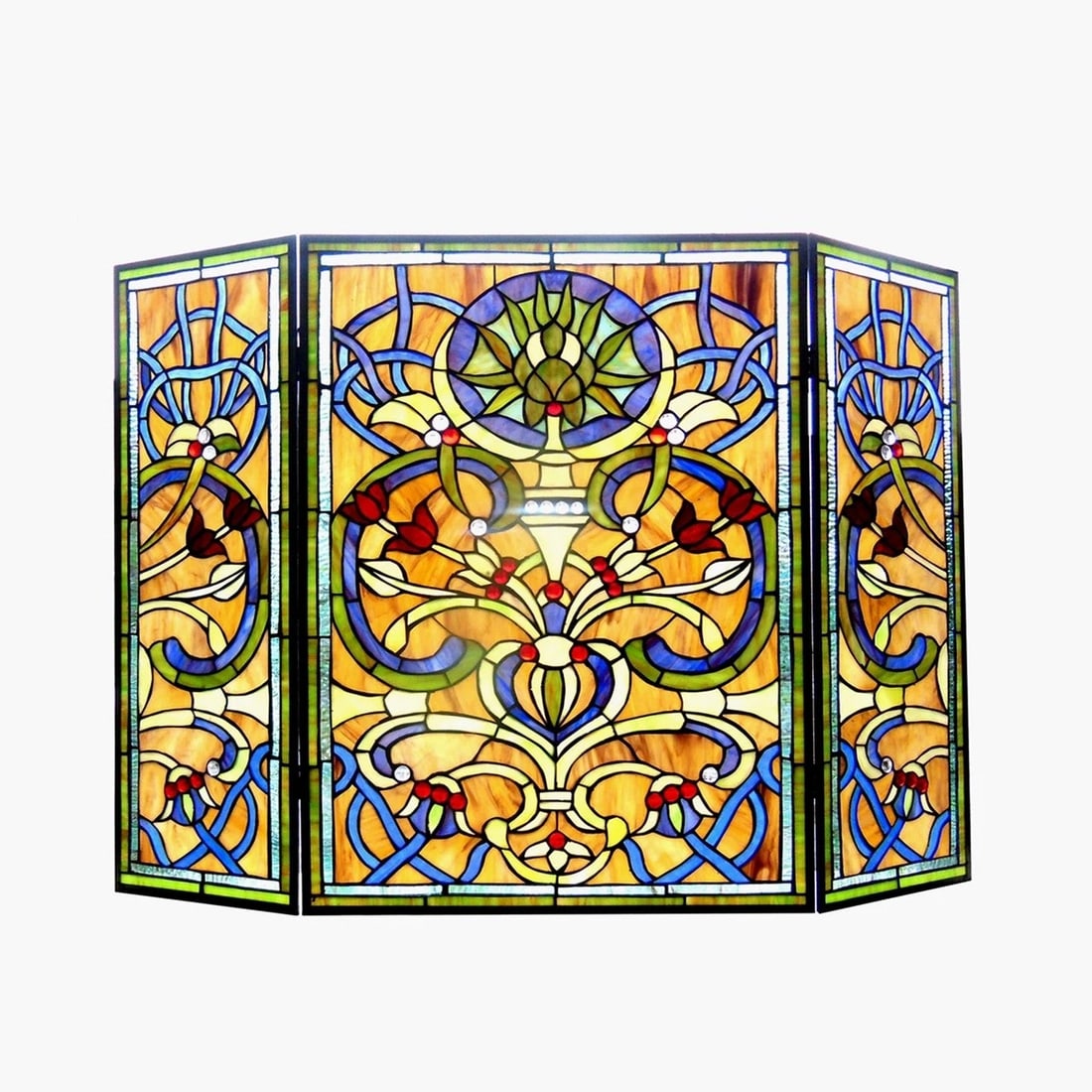 Tiffany Style Stained Glass Fireplace Screen – Victorian 3-Panel Folding 40": Title:Tiffany Style Stained Glass Fireplace Screen – Victorian 3-Panel Folding 40"Description:Dimensions: approx. 40" wide x 28" high Construction: stained glass panels with metal frame Design: