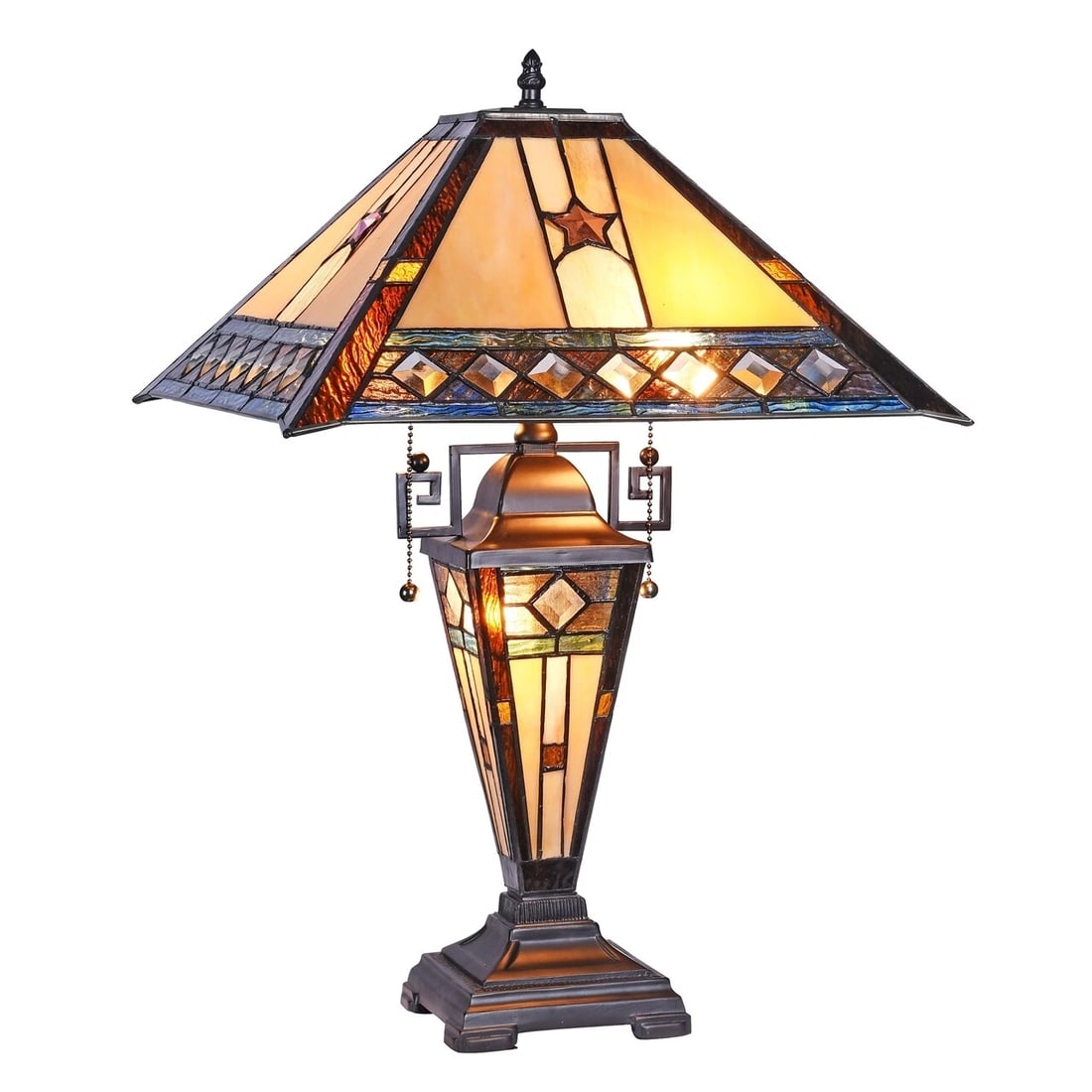 22.2" 3 light Stained Glass Lit Base Mission Table Lamp: Title:22.2" 3 light Stained Glass Lit Base Mission Table LampDescription:22.2" High 15.8" Wide Shade (2) 100 Watt E26 Type A Bulb + (1) 15 Watt E12 Type C Bulb (not included) Illuminate your space