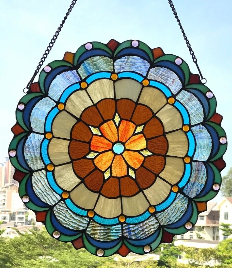 18" Round Stained Glass Window Hanging Panel Suncatcher - 3