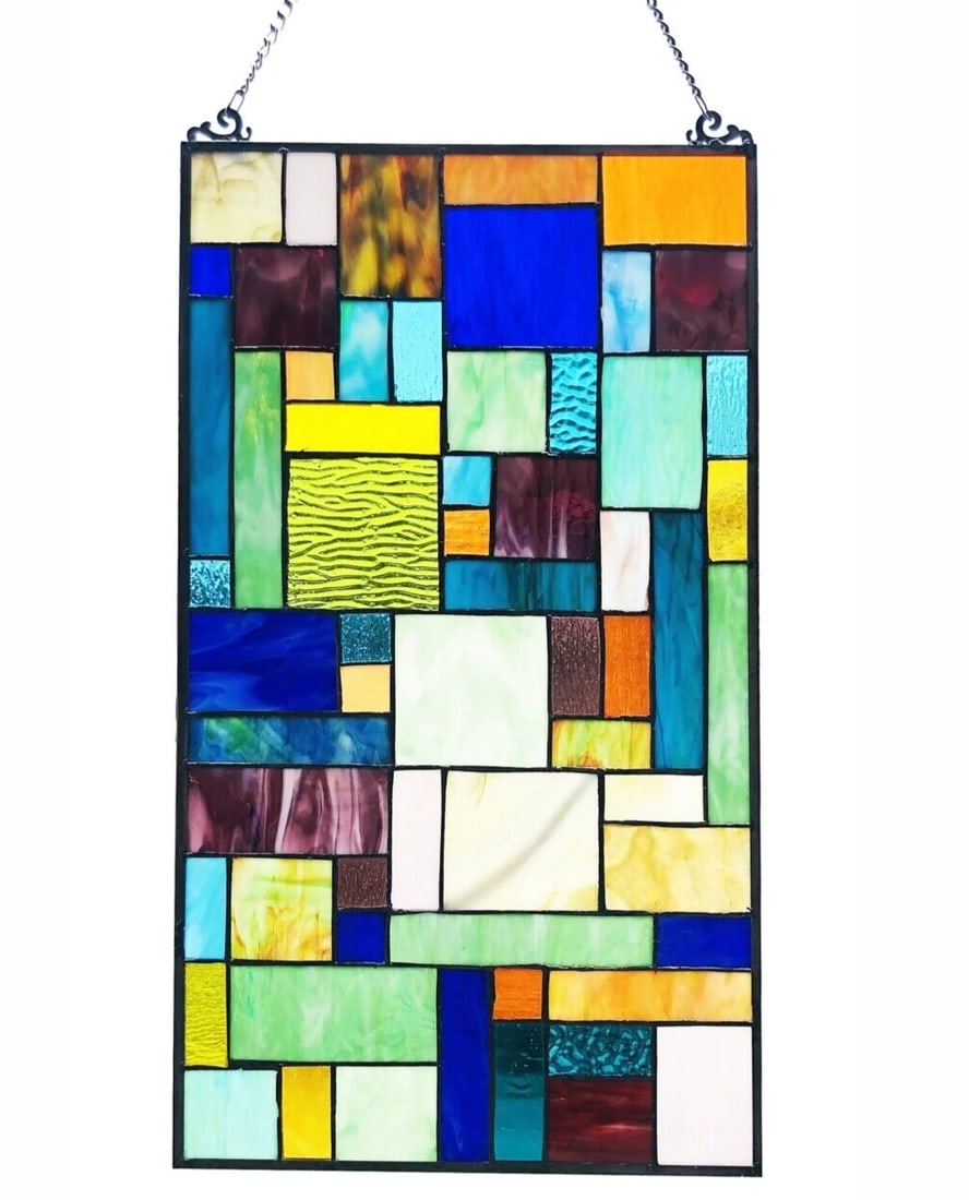 23" Geometric Stained Glass Window Hanging Panel Suncatcher: Title:23" Geometric Stained Glass Window Hanging Panel SuncatcherDescription:Weight: 4.84 lbs Dimensions: 13" (L) x 13" (W) x 23" (H) Material: Tiffany-Glass (stained glass) Chain Length: 27.5" Such