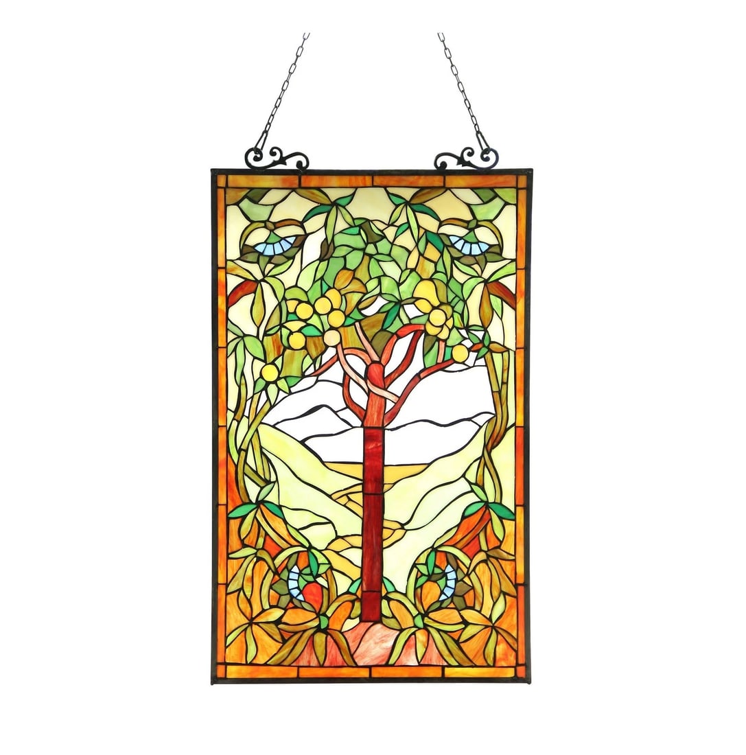 31.8" Tree Of Life Stained Glass Window Hanging Panel Suncatcher: Title:31.8" Tree Of Life Stained Glass Window Hanging Panel SuncatcherDescription:19.88" Wide x 31.8" High Such a wonderful new reproduction stained glass window panel. This panel is a true testament