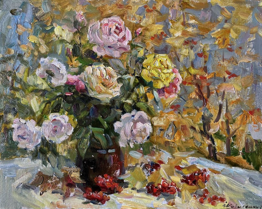 Oil painting Autumn roses on the table Ivan Kovalenko: Title: Oil painting Autumn roses on the table Ivan Kovalenko Description: No.Koval 255 *** ABOUT THIS PAINTING *** * TITLE: "Autumn roses on the table" * ARTISTS: Ivan Kovalenko * SIZE: 40x50 cm/'15.7