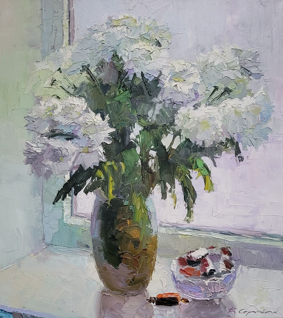 Oil painting Flowers on the window Boris Serdyuk: Title: Oil painting Flowers on the window Boris Serdyuk Description: No.SERB 1190The oil painting on Canvas titled "Flowers on the Window" presents a delicate and poetic still life that captures a fle