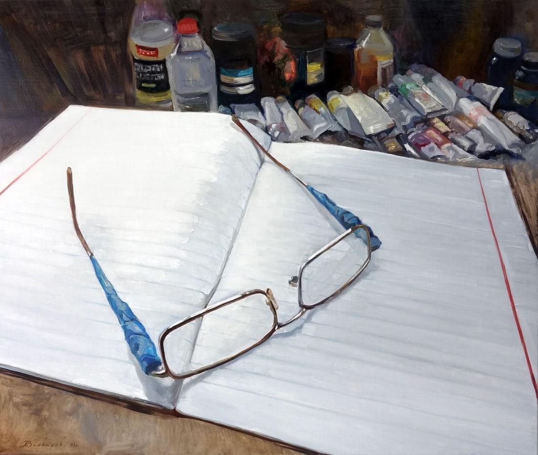 Oil painting Dad's glasses Varvarov Anatoly Viktorovich: Title: Oil painting Dad's glasses Varvarov Anatoly Viktorovich Description: No.Varv 196The oil painting titled "Dad's Glasses" is a poignant still life that features a pair of spectacles resting on an