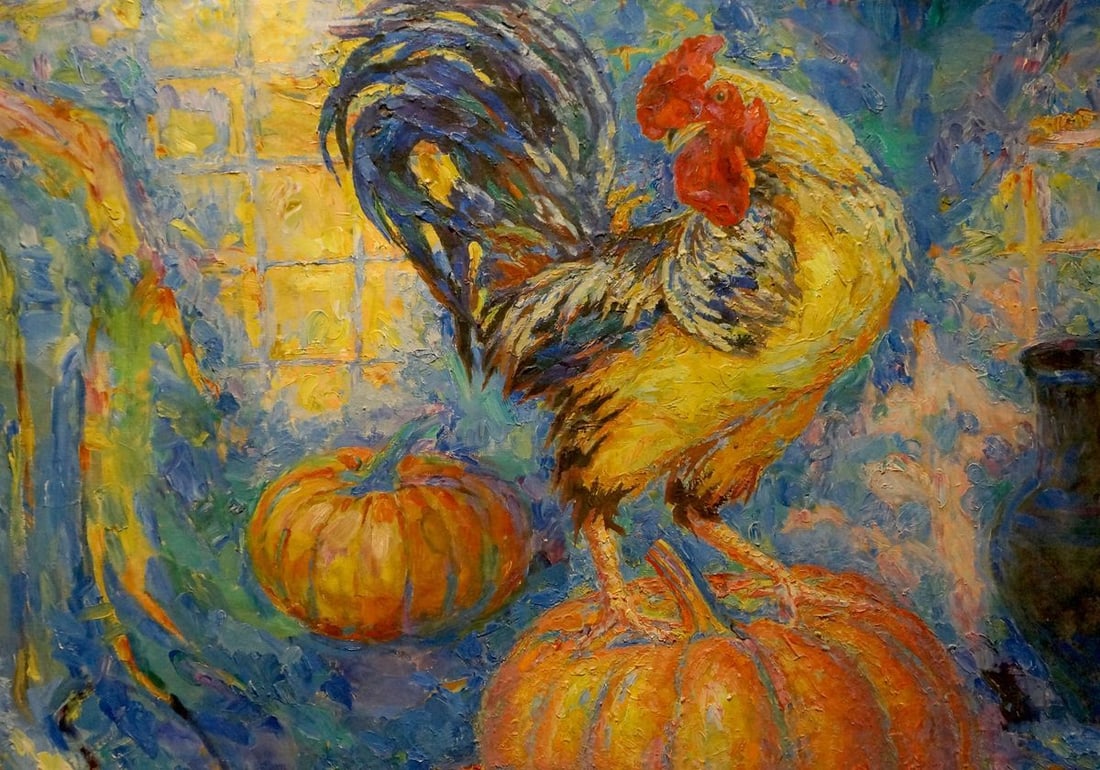 Oil painting Rooster on a pumpkin Tytarenko Odarka Anatoliivna - 3