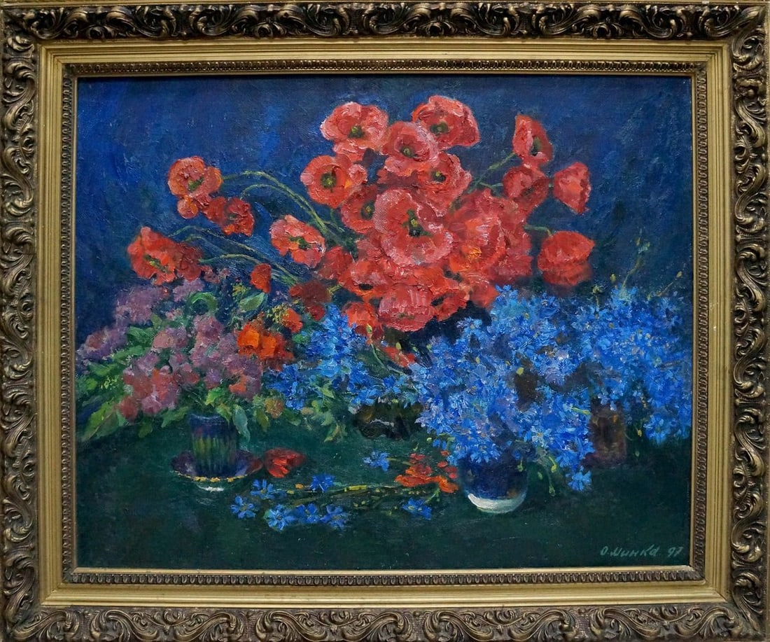 Oil painting Still life with poppies Mynka Alexander Fedorovich: Title: Oil painting Still life with poppies Mynka Alexander Fedorovich Description: No.Vern 1598 *** ABOUT THIS PAINTING *** * TITLE: "Still life with poppies" * ARTISTS: Mynka Alexander Fedorovich *