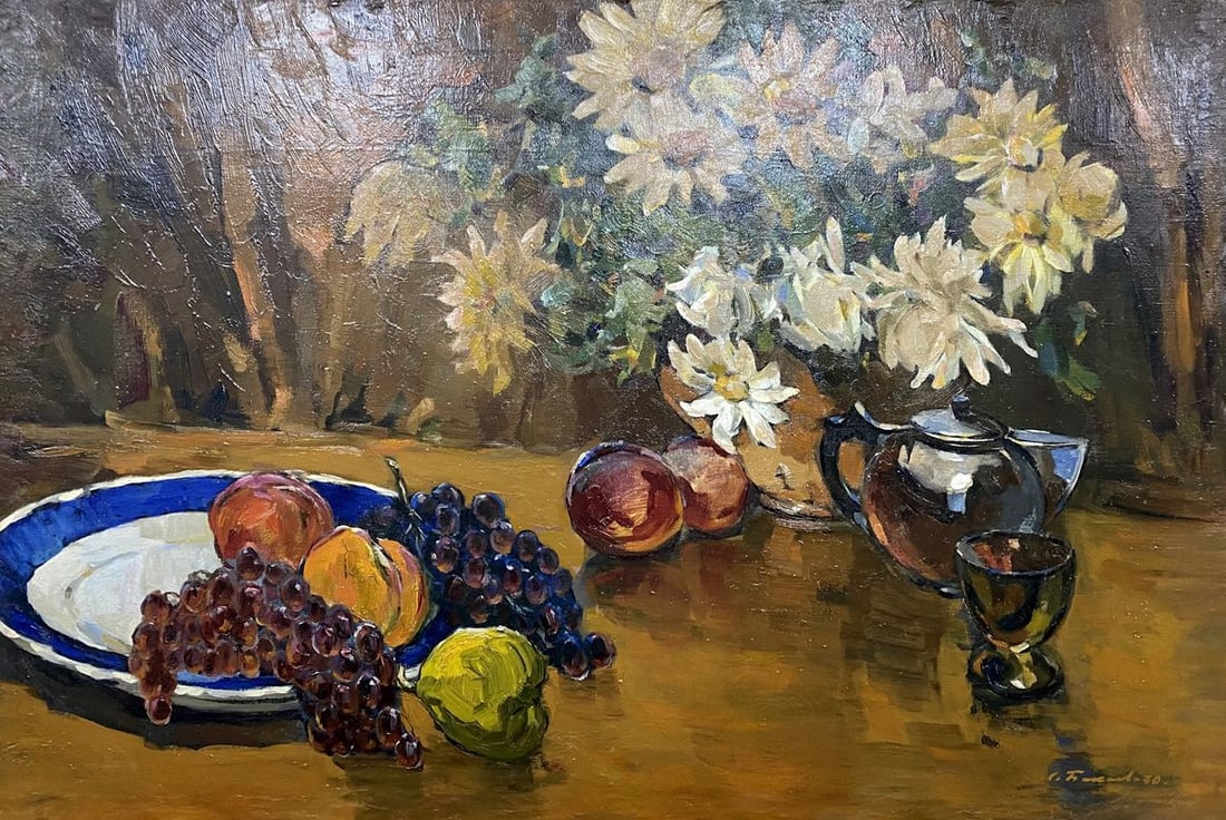 Oil painting Flowers and fruits Bakaev Sergey Ivanovich: Title: Oil painting Flowers and fruits Bakaev Sergey Ivanovich Description: No.Vern 1672 *** ABOUT THIS PAINTING *** * TITLE: "Flowers and fruits" * ARTISTS: Bakaev Sergey Ivanovich * SIZE: 80x120 cm/