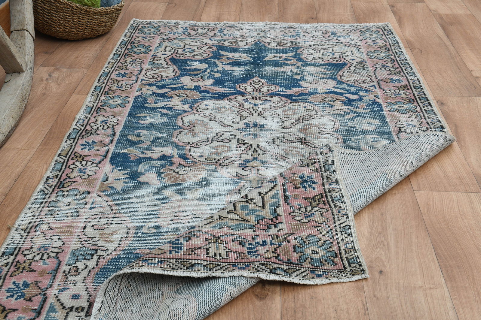 3'6x6'4 ft, FADED BLUE RUG: Title: 3'6x6'4 ft, FADED BLUE RUG Description: This Turkish one-of-a-kind Vintage Turkish Rug is hand-knotted and handwoven by the most skilled artisans who use pure wool, in muted, natural tones, and