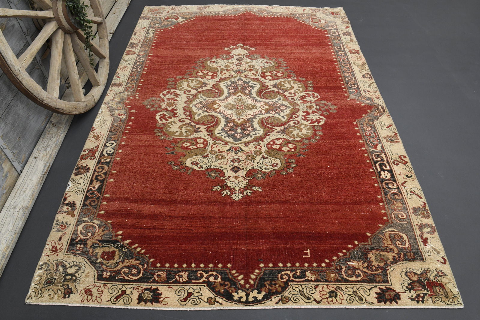 6.6x9.8 Turkish Rug, Red Beige: Title: 6.6x9.8 Turkish Rug, Red Beige Description: This Turkish one-of-a-kind Vintage Turkish Rug is hand-knotted and handwoven by the most skilled artisans who use pure wool, in muted, natural tones,