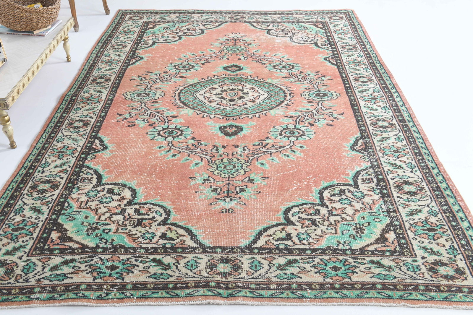 6.3x9.5 ft, TURKISH Rug, ORIENTAL: Title: 6.3x9.5 ft, TURKISH Rug, ORIENTAL Description: This Turkish one-of-a-kind Vintage Turkish Rug is hand-knotted and handwoven by the most skilled artisans who use pure wool, in muted, natural ton