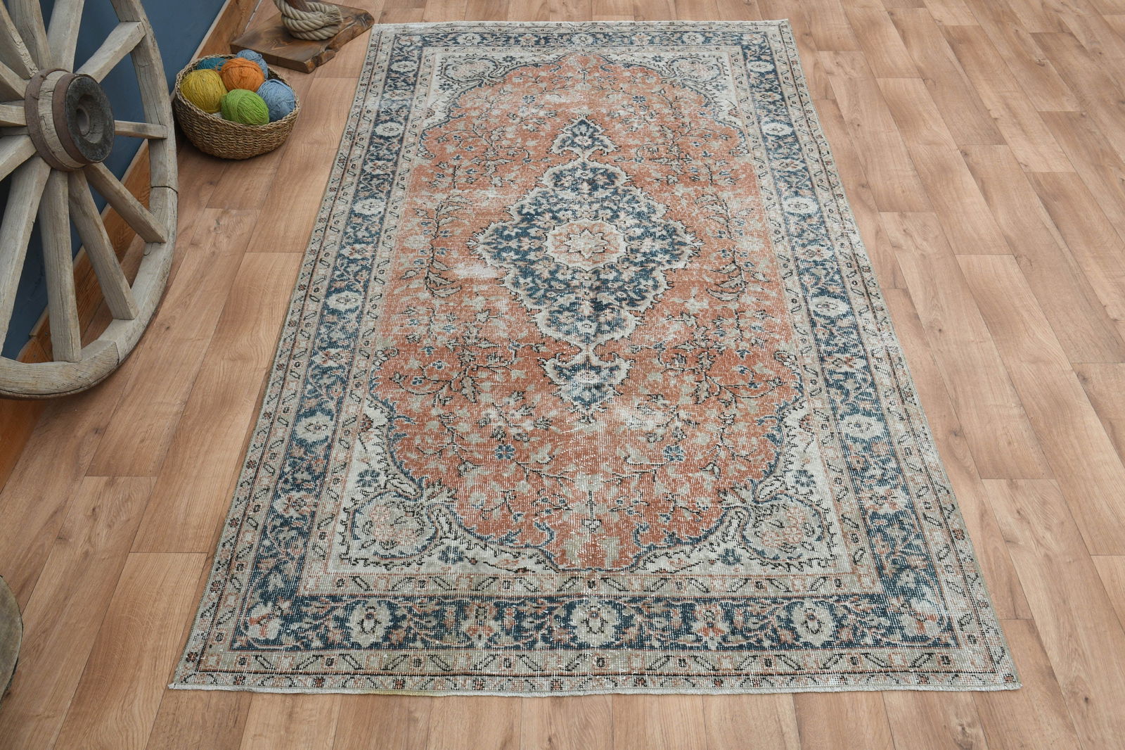 5'2x8'9 ft, ORANGE NAVY BLUE Rug: Title: 5'2x8'9 ft, ORANGE NAVY BLUE Rug Description: This Turkish one-of-a-kind Vintage Turkish Rug is hand-knotted and handwoven by the most skilled artisans who use pure wool, in muted, natural