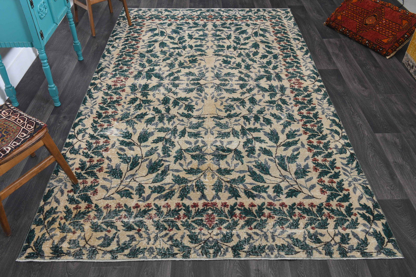 6.6x10.7 ft, AREA RUG, Turkish: Title: 6.6x10.7 ft, AREA RUG, Turkish Description: This Turkish one-of-a-kind Vintage Turkish Rug is hand-knotted and handwoven by the most skilled artisans who use pure wool, in muted, natural tones,