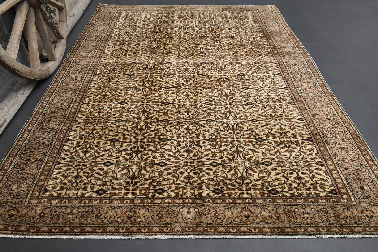 6'6x9'5 Vintage Persian Décor: Title: 6'6x9'5 Vintage Persian Décor Description: This Turkish one-of-a-kind Vintage Turkish Rug is hand-knotted and handwoven by the most skilled artisans who use pure wool, in muted, natural