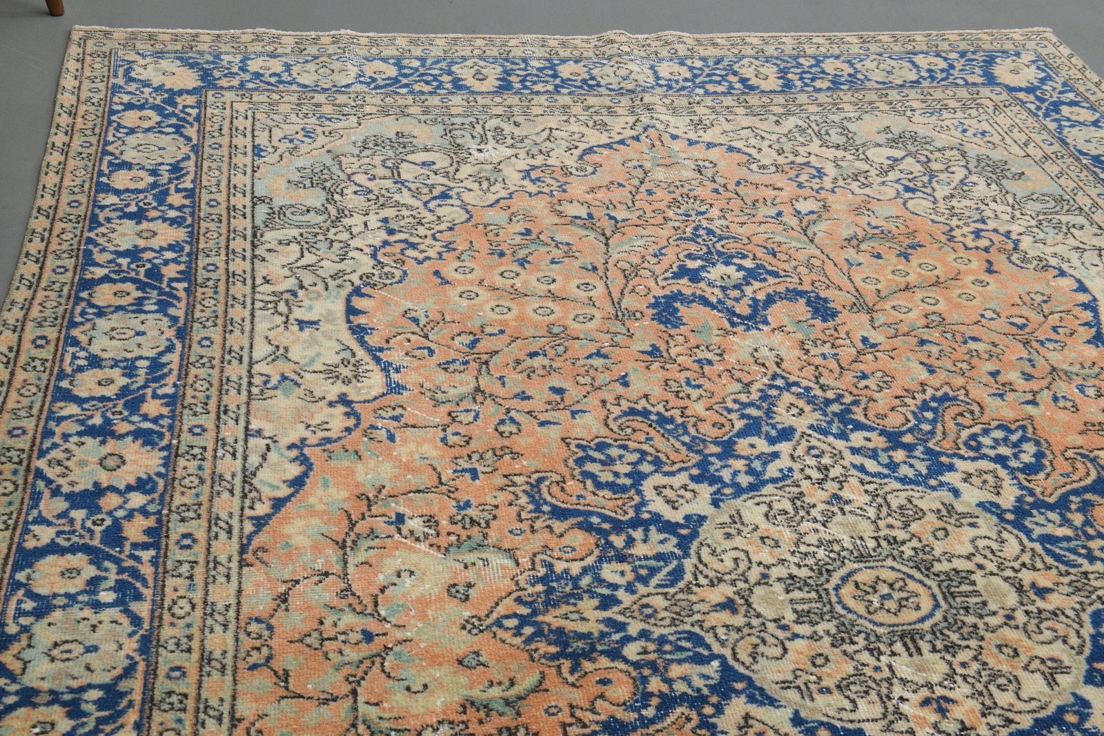 6'8x10'3 ft, ORANGE BLUE RUG: Title: 6'8x10'3 ft, ORANGE BLUE RUG Description: This Turkish one-of-a-kind Vintage Turkish Rug is hand-knotted and handwoven by the most skilled artisans who use pure wool, in muted, natural tones,