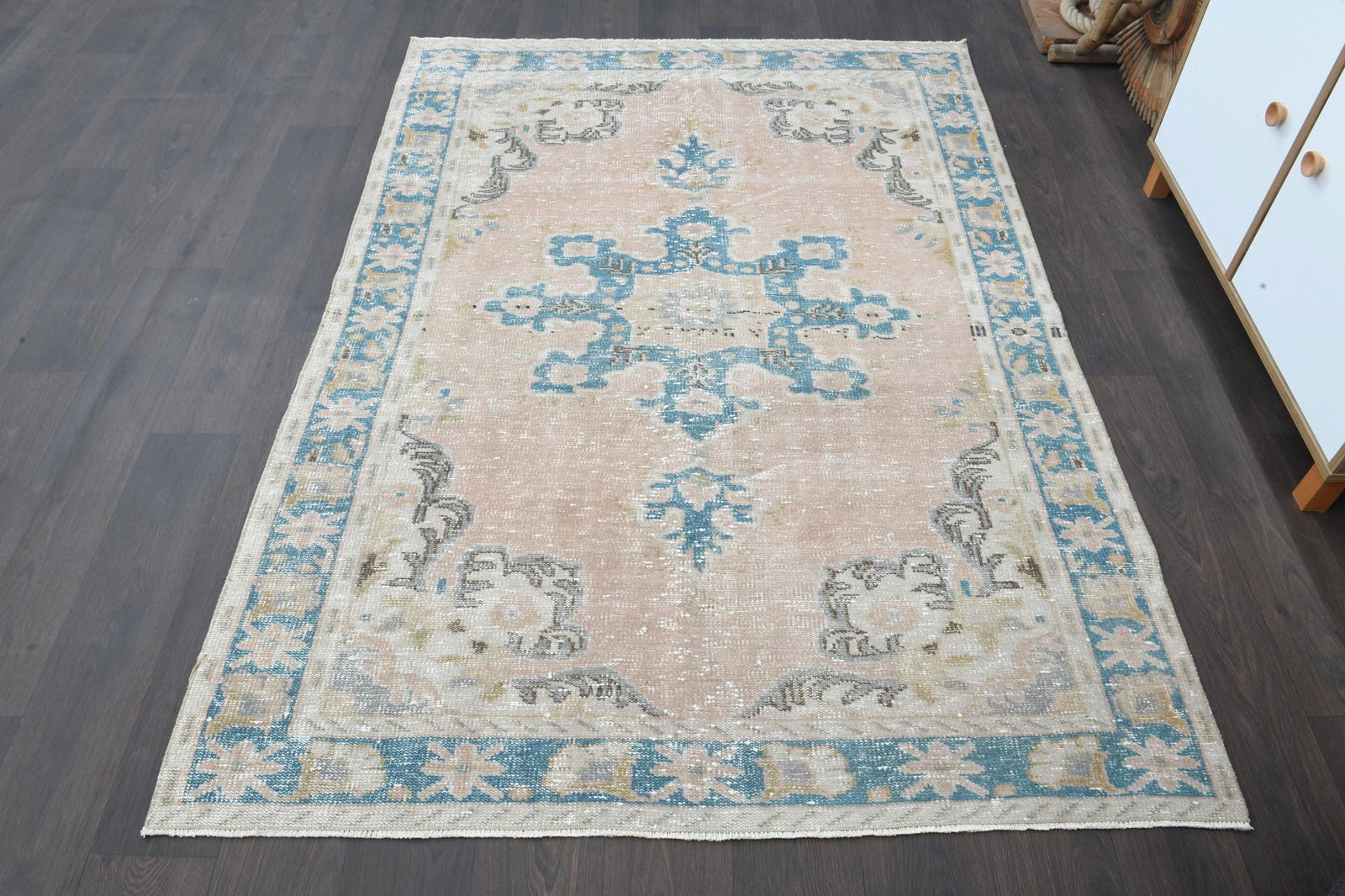 4.8x6.9 ft, FADED COLORS, Vintage Turkish: Title: 4.8x6.9 ft, FADED COLORS, Vintage Turkish Description: This Turkish one-of-a-kind Vintage Turkish Rug is hand-knotted and handwoven by the most skilled artisans who use pure wool, in muted,