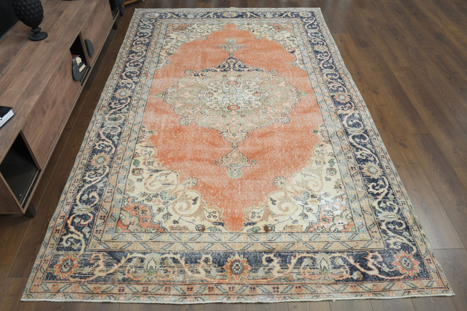 6'6x10'7 ft, ORANGE LUXURY DÉCOR: Title: 6'6x10'7 ft, ORANGE LUXURY DÉCOR Description: This Turkish one-of-a-kind Vintage Turkish Rug is hand-knotted and handwoven by the most skilled artisans who use pure wool, in muted,