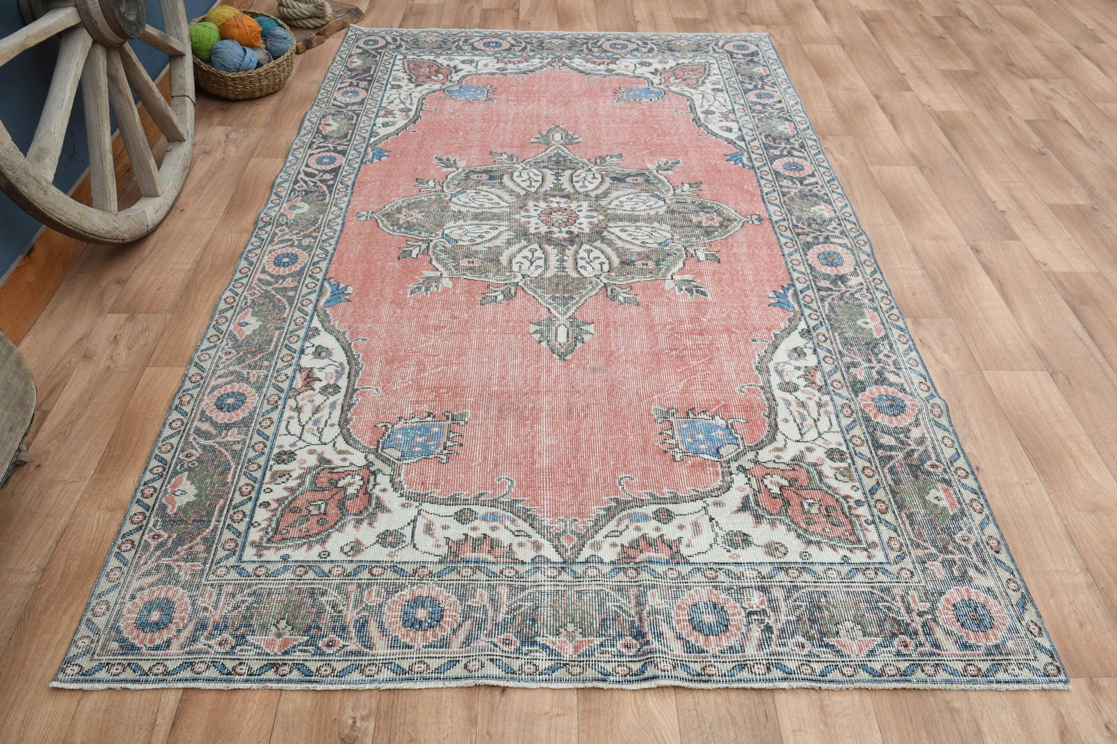 5'8x9'4 ft, PINK BLUE RUG, Vintage Turkish: Title: 5'8x9'4 ft, PINK BLUE RUG, Vintage Turkish Description: This Turkish one-of-a-kind Vintage Turkish Rug is hand-knotted and handwoven by the most skilled artisans who use pure wool, in muted, na