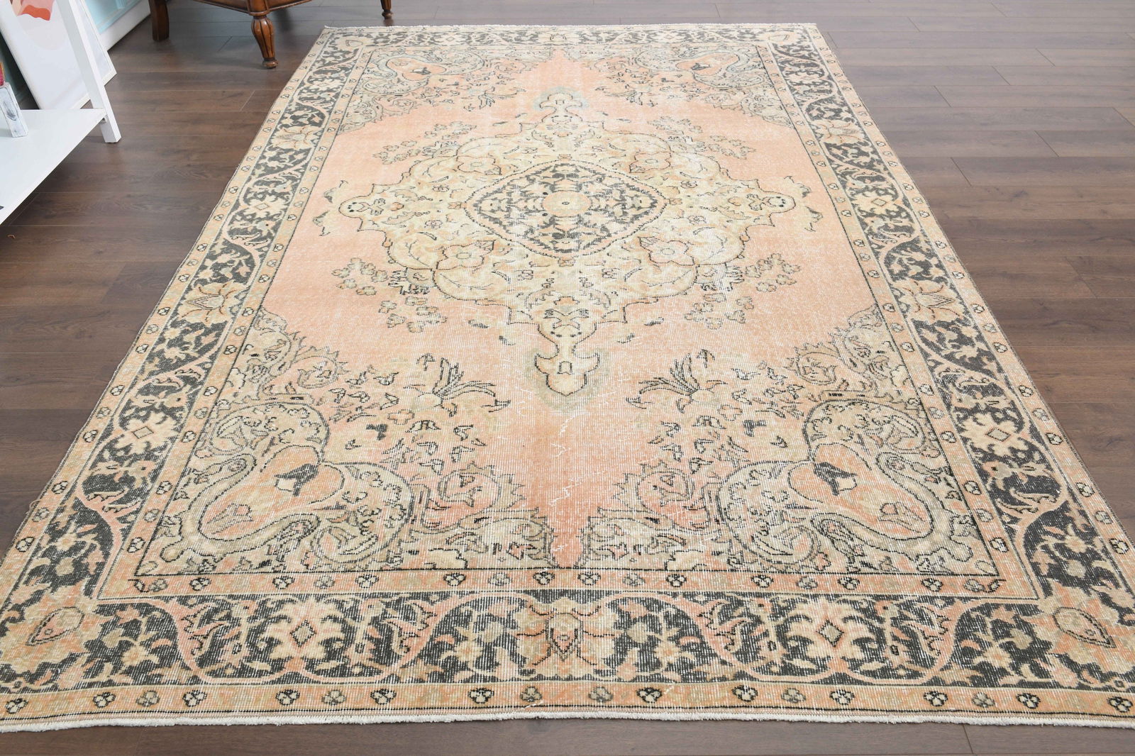6'6x10'1 ft, ORANGE, LIVING ROOM: Title: 6'6x10'1 ft, ORANGE, LIVING ROOM Description: This Turkish one-of-a-kind Vintage Turkish Rug is hand-knotted and handwoven by the most skilled artisans who use pure wool, in muted, natural
