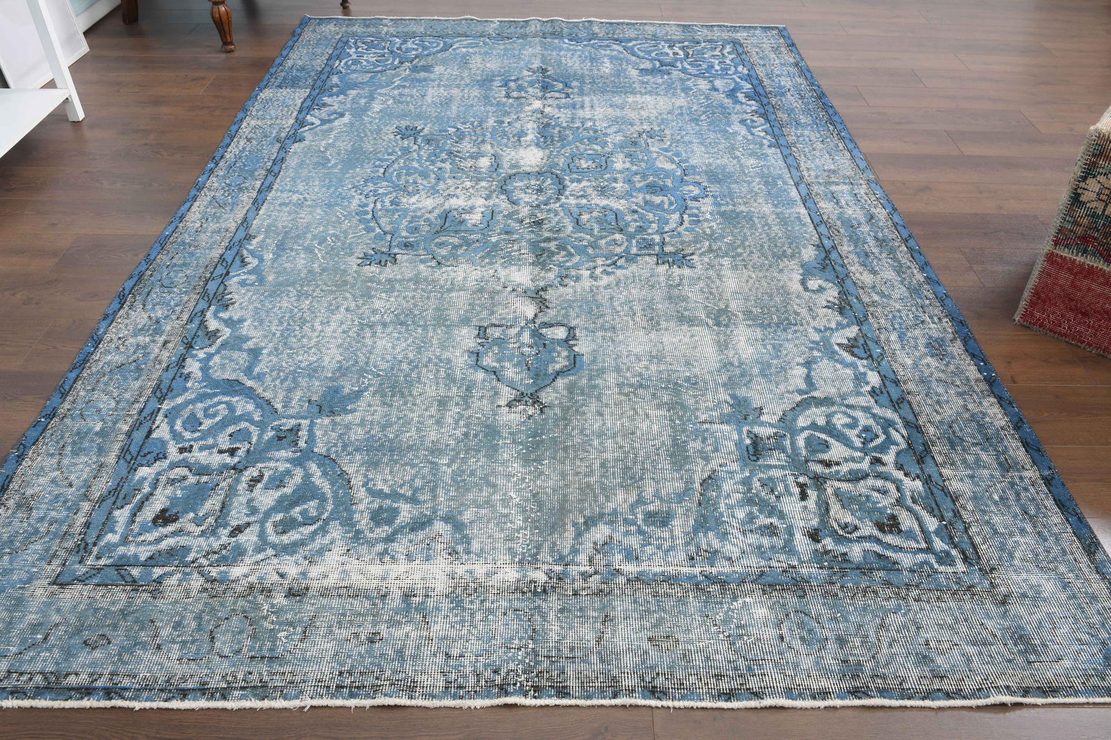6'9x10 ft, BLUE FADED RUG: Title: 6'9x10 ft, BLUE FADED RUG Description: This Turkish one-of-a-kind Vintage Turkish Rug is hand-knotted and handwoven by the most skilled artisans who use pure wool, in muted, natural tones, and