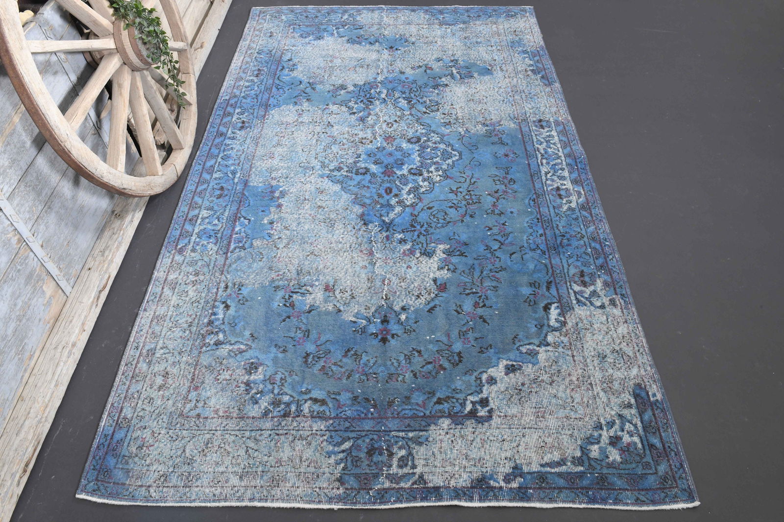 5.9x10 TURKISH Rug, Blue Faded Distressed: Title: 5.9x10 TURKISH Rug, Blue Faded Distressed Description: This Turkish one-of-a-kind Vintage Turkish Rug is hand-knotted and handwoven by the most skilled artisans who use pure wool, in muted, nat