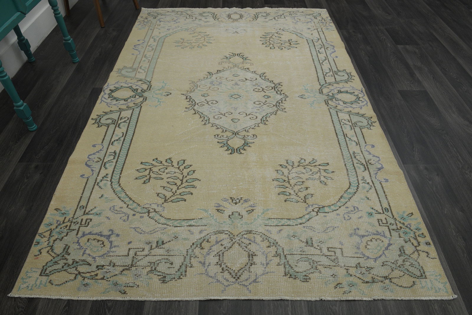 6x8 Orange Green TURKISH Rug: Title: 6x8 Orange Green TURKISH Rug Description: This Turkish one-of-a-kind Vintage Turkish Rug is hand-knotted and handwoven by the most skilled artisans who use pure wool, in muted, natural tones,