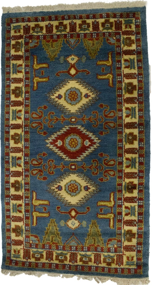 Blue Geometric 2'7X4'7 Kazak Oriental Rug: Title: Blue Geometric 2'7X4'7 Kazak Oriental RugDescription:Hand Knotted 2'7X4'7 blue Oriental rug made with vegetable dyes (fine wool pile and cotton foundation), exceptional knot count, and