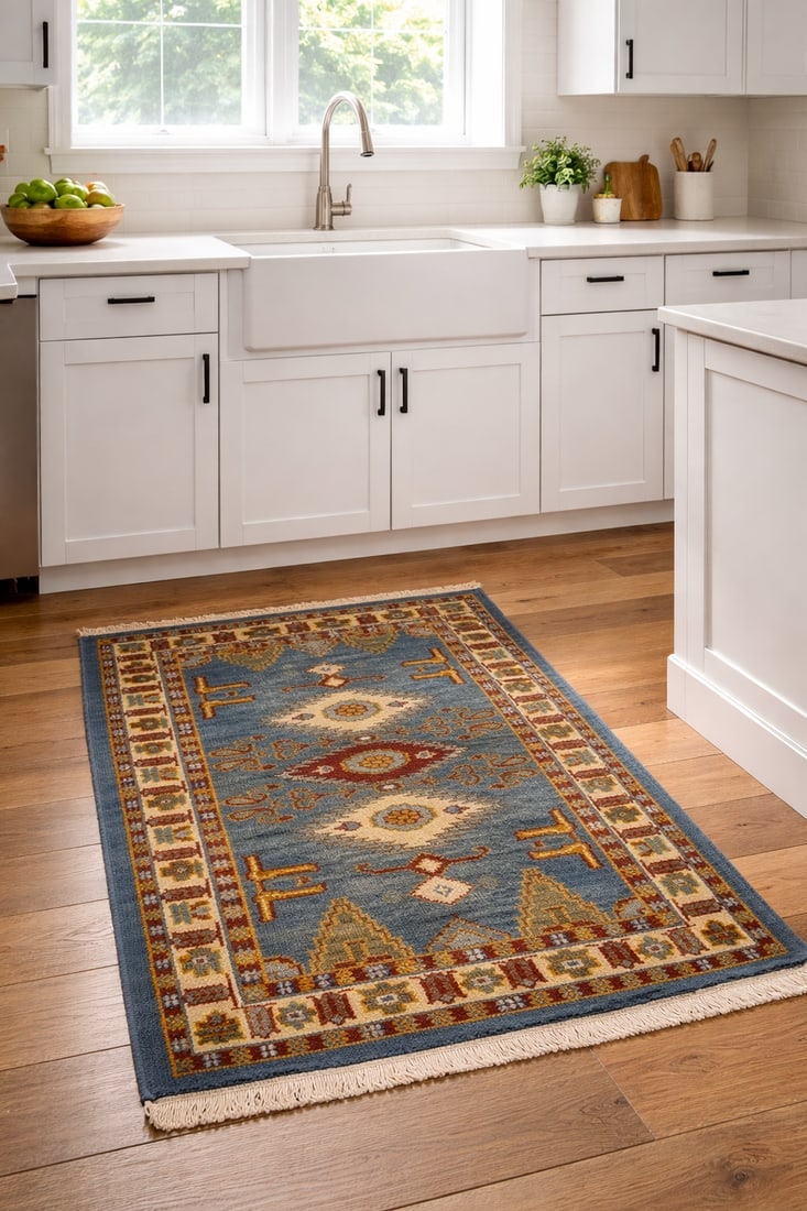 Blue Geometric 2'7X4'7 Kazak Oriental Rug - 2