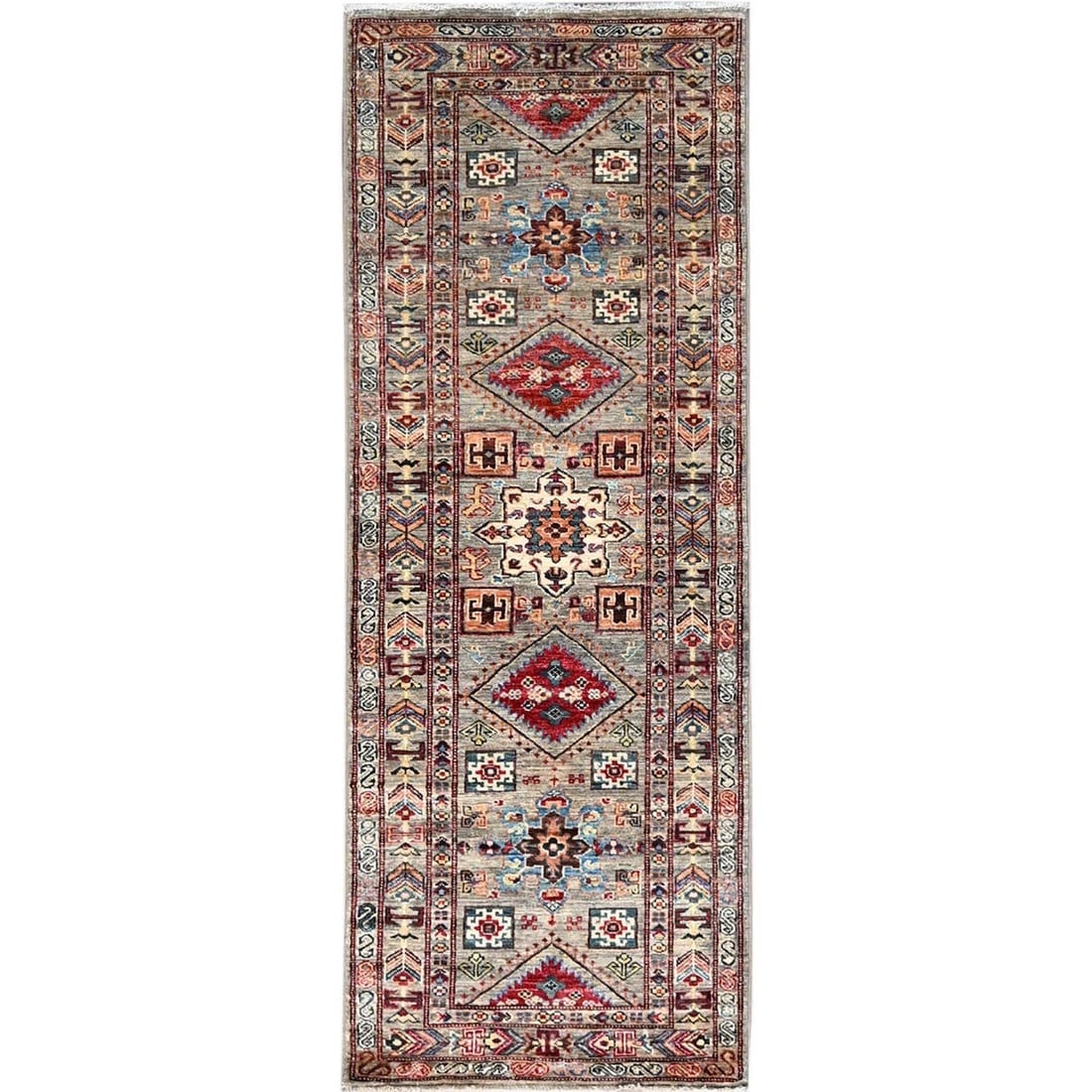 Agreeable Gray Super Kazak Hand Knotted Organic Wool Runner Rug: Title: Agreeable Gray Super Kazak Hand Knotted Organic Wool Runner RugDescription:This is a truly genuine one-of-a-kind. It has been Knotted for months and months in the centuries-old weaving