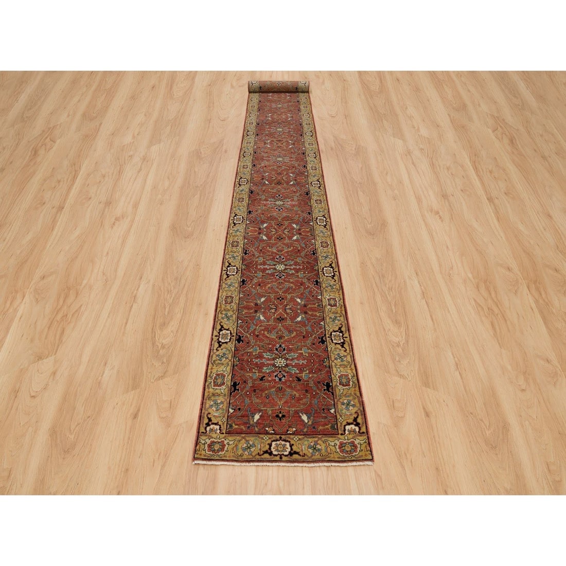 Barn Red Heris Re-Creation Hand Knotted 100% Wool Runner Oriental Rug - 2