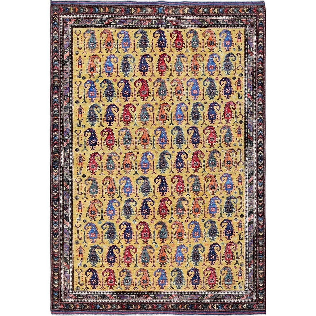 Yellow Afghan Ersari Caucasian Design Revival Hand Knotted Wool Rug: Title: Yellow Afghan Ersari Caucasian Design Revival Hand Knotted Wool RugDescription:This is a truly genuine one-of-a-kind. It has been Knotted for months and months in the centuries-old weaving