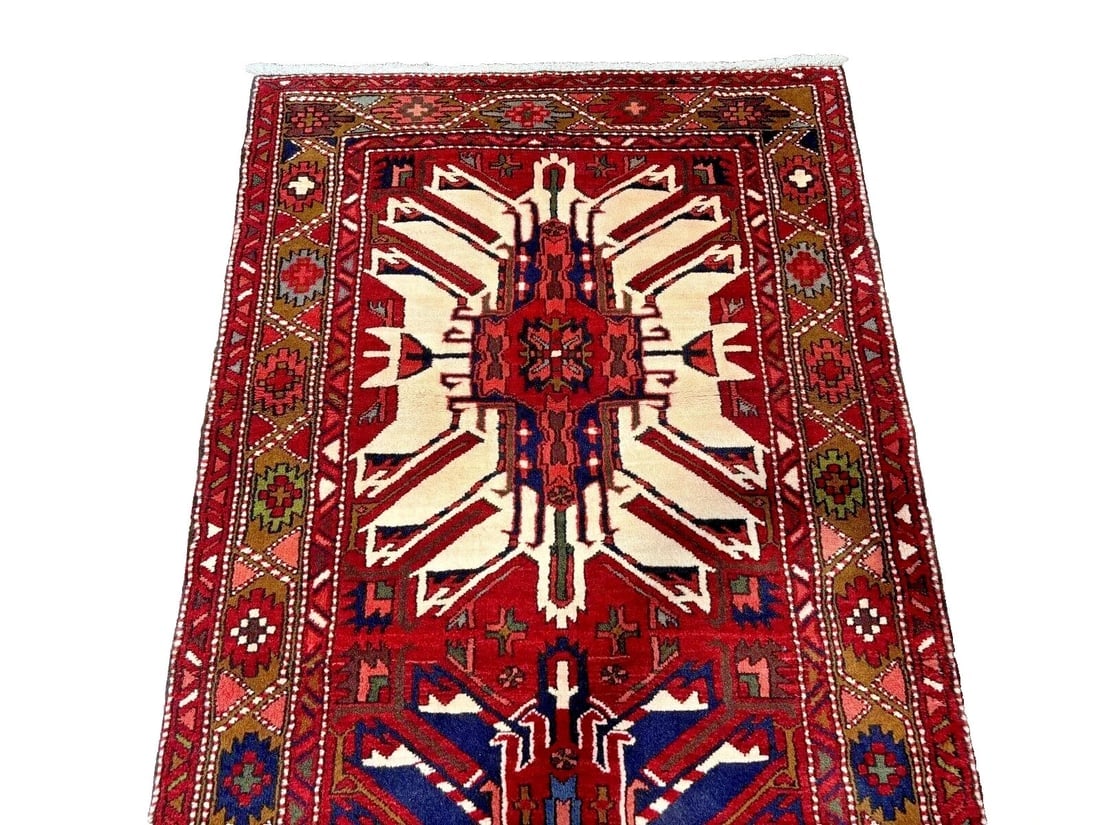 Hand-Knotted Karajeh Runner Red Wool Tribal Geometric Oriental Rug 3'7" x 9'8" - 5
