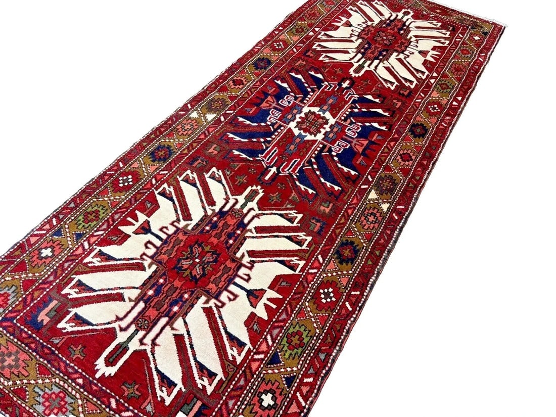 Hand-Knotted Karajeh Runner Red Wool Tribal Geometric Oriental Rug 3'7" x 9'8" - 7