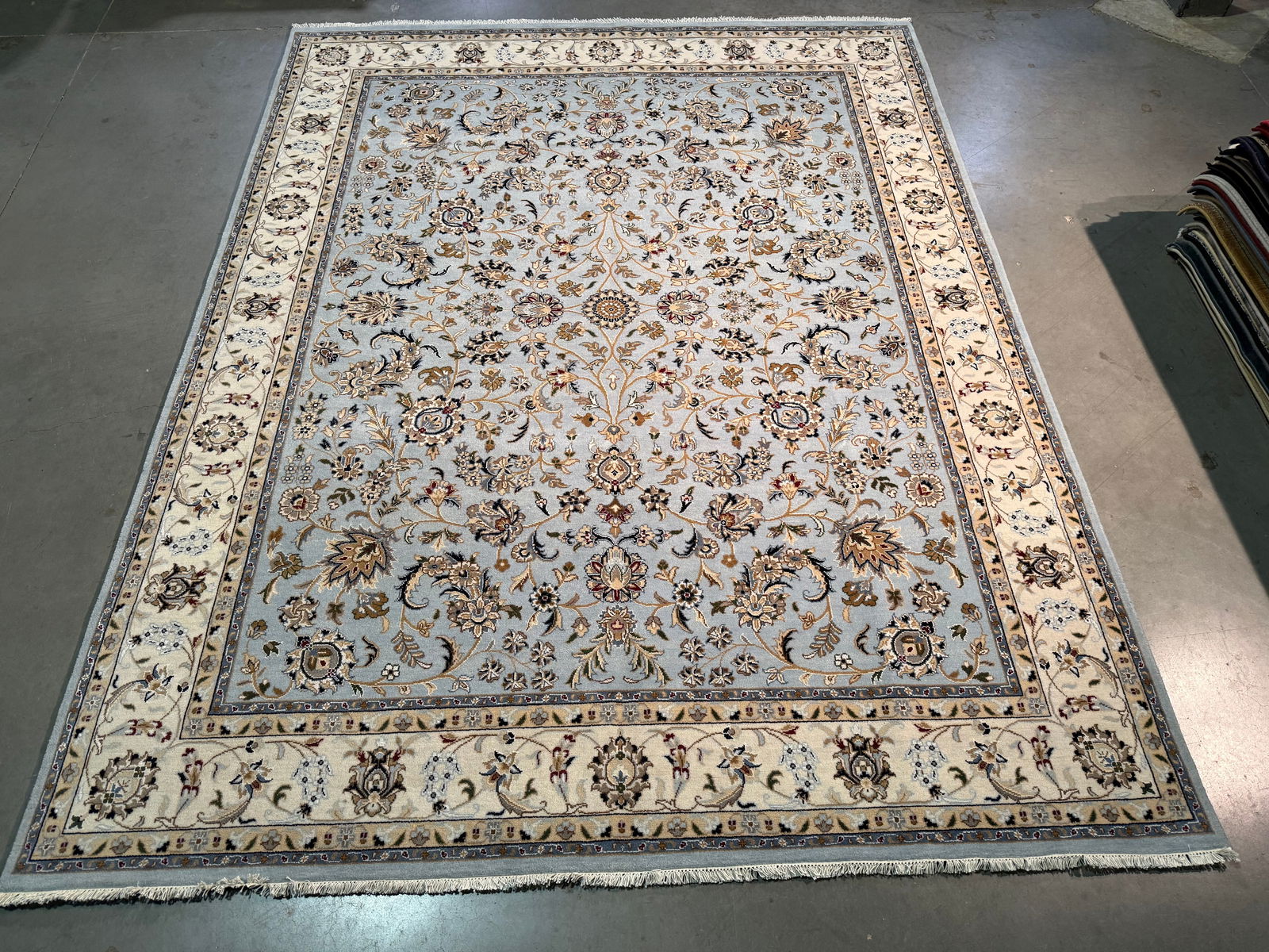 Fine Silk and wool Kashan Rug 8x10: Title:Fine Silk and wool Kashan Rug 8x10Description:Timeless Persian Allover Kashan design Natural Wool pile with silk highlights rug, in , light blue , Ivory and multi accent colors, vege dye