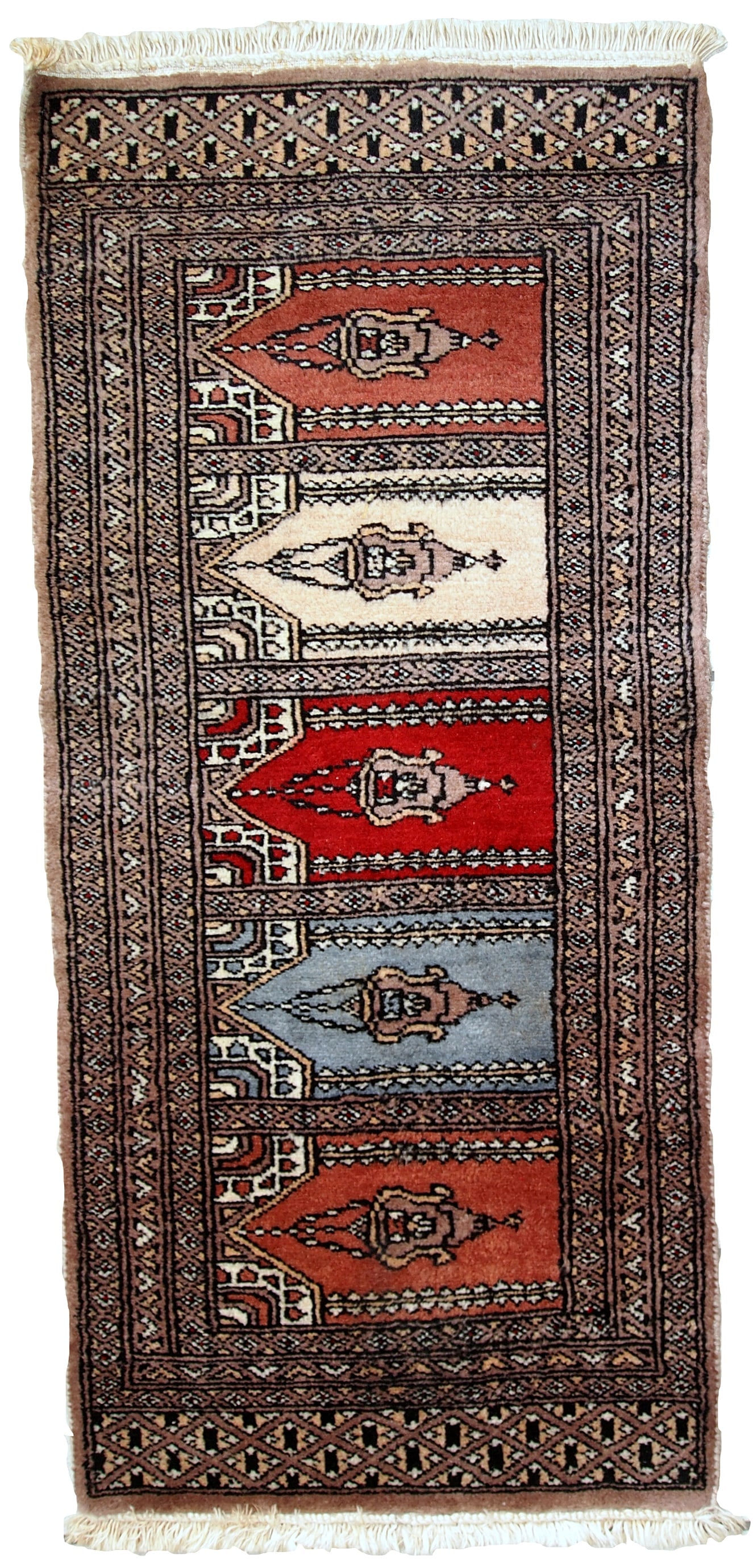 Handmade vintage Uzbek Bukhara prayer rug 1.5' x 3.3' (45cm x 101cm) 1970s: Title:Handmade vintage Uzbek Bukhara prayer rug 1.5' x 3.3' (45cm x 101cm) 1970sOrigin:UzbekistanDimension:1.5' x 3.3' (45cm x 101cm)Materials:woolYear:1970sDescription:Handmade vintage small rug
