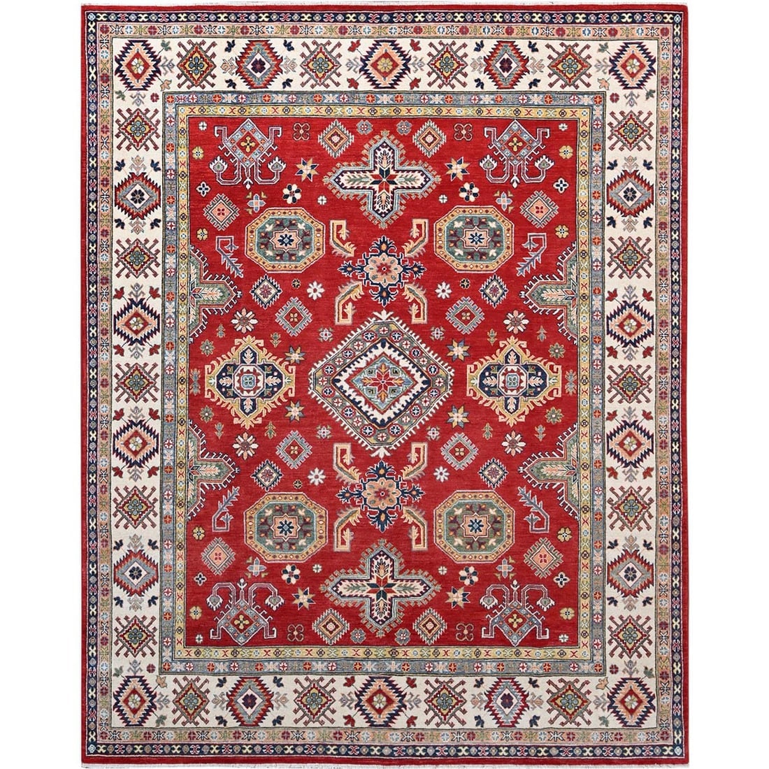 Geranium Red Hand Knotted Pure Wool Kazak Medallions Oriental Rug: Title: Geranium Red Hand Knotted Pure Wool Kazak Medallions Oriental RugDescription:This is a truly genuine one-of-a-kind. It has been Knotted for months and months in the centuries-old weaving