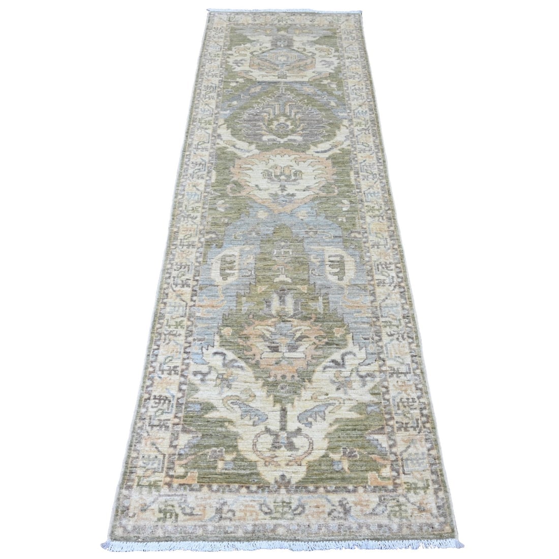 Green Oushak with Dragon Design Peshawar Wool Hand Knotted Runner Rug: Title: Green Oushak with Dragon Design Peshawar Wool Hand Knotted Runner RugDescription:This is a truly genuine one-of-a-kind. It has been Knotted for months and months in the centuries-old weaving