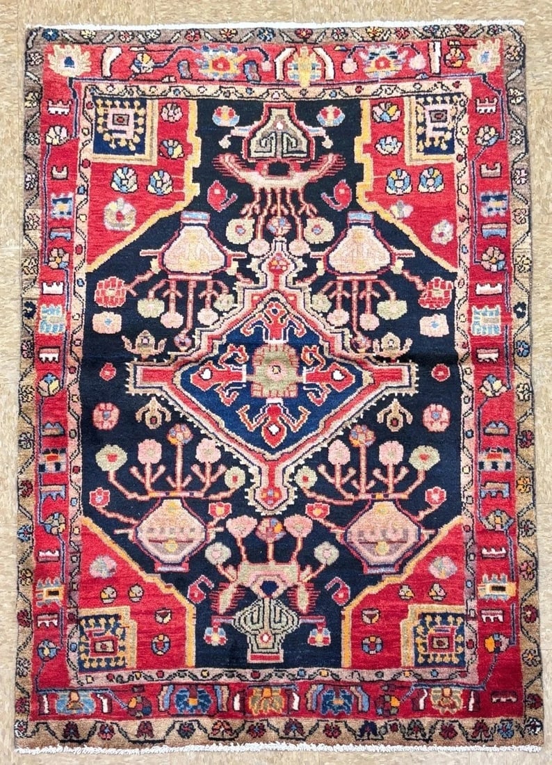 Hand Knotted Persian Nahavand Wool Rug 3'7" x 5'2" Navy Tribal - 4