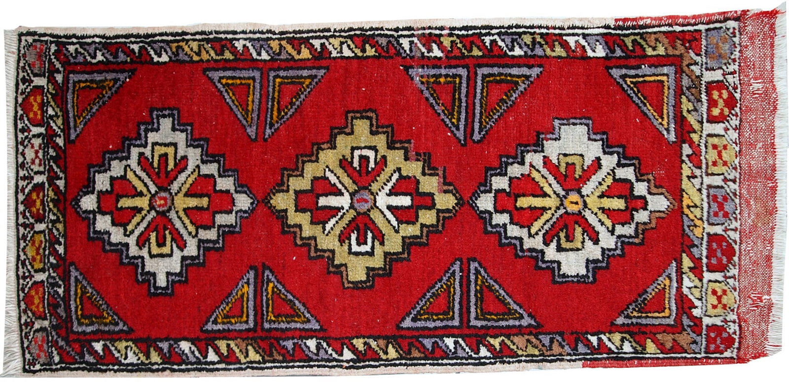 Handmade vintage Turkish Yastik rug 1.6' x 3.5' (48cm x 107cm) 1950s - 2