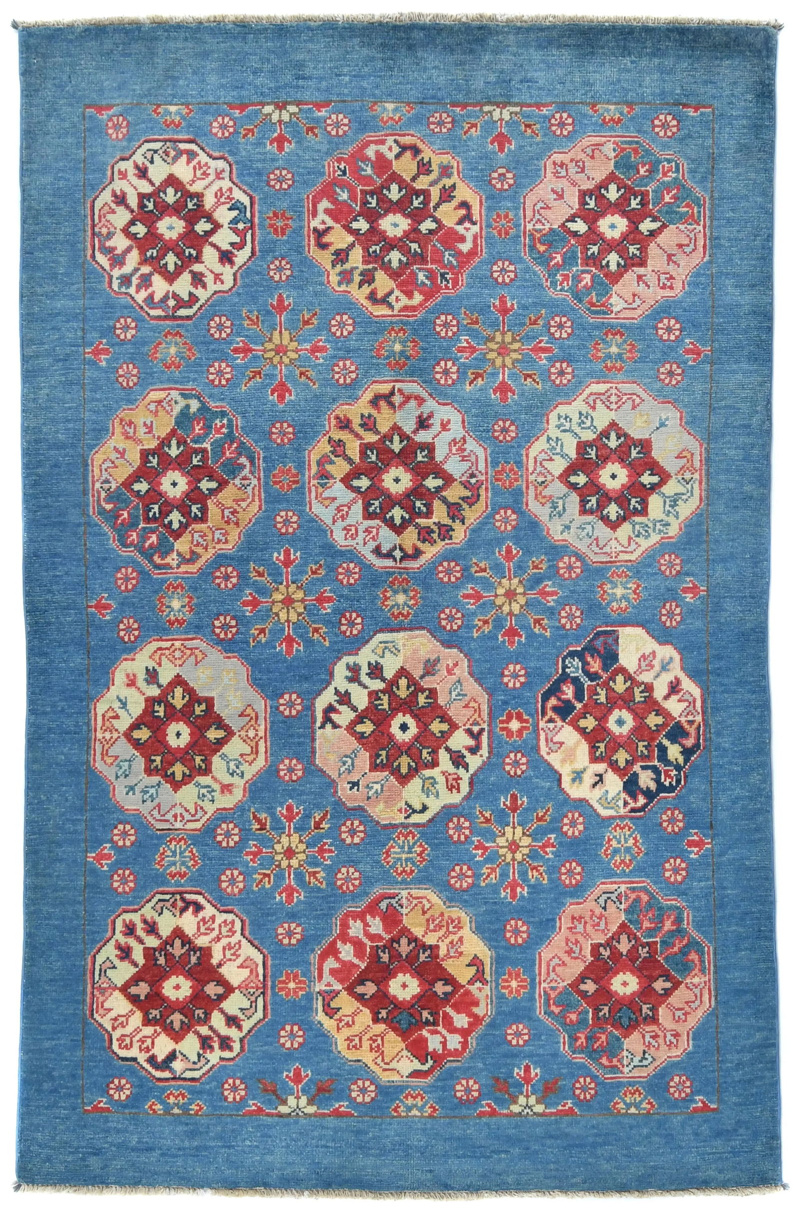 Blue Geometric Modern 4X6 Kazak Pakistan Rug: Title: Blue Geometric Modern 4X6 Kazak Pakistan RugDescription:Hand Knotted 4X6 blue Oriental rug made with vegetable dyes (fine wool pile and cotton foundation), exceptional knot count, and