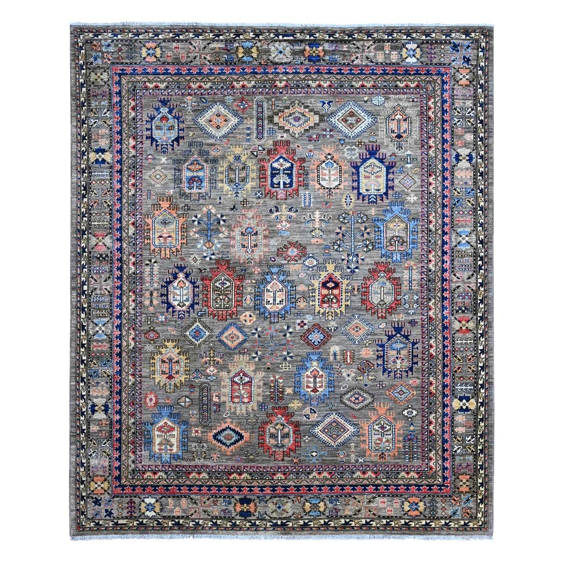 Sonic Gray All Over Caucasian Gul Motifs Hand Knotted Pure Wool Rug: Title: Sonic Gray All Over Caucasian Gul Motifs Hand Knotted Pure Wool RugDescription:This is a truly genuine one-of-a-kind. It has been Knotted for months and months in the centuries-old weaving