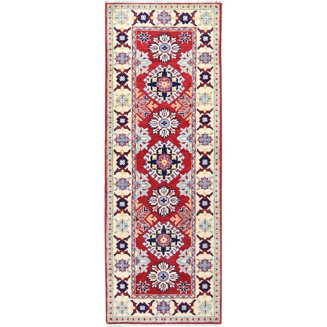 Scarlet Red Kazak Design Shiny Wool Oriental Hand Knotted Runner Rug: Title: Scarlet Red Kazak Design Shiny Wool Oriental Hand Knotted Runner RugDescription:This is a truly genuine one-of-a-kind. It has been Knotted for months and months in the centuries-old weaving