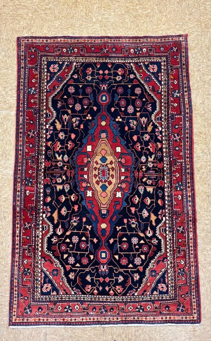 Persian Jozan Hand-Knotted Wool Rug, Navy Geometric Tribal, 3'5" x 5'9" - 3