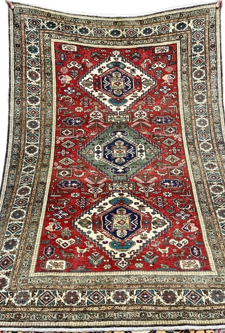 Hand Knotted Persian Wool Rug 4’8”x6’9” Red Tribal Oriental Azerbaijan (1 of 7)