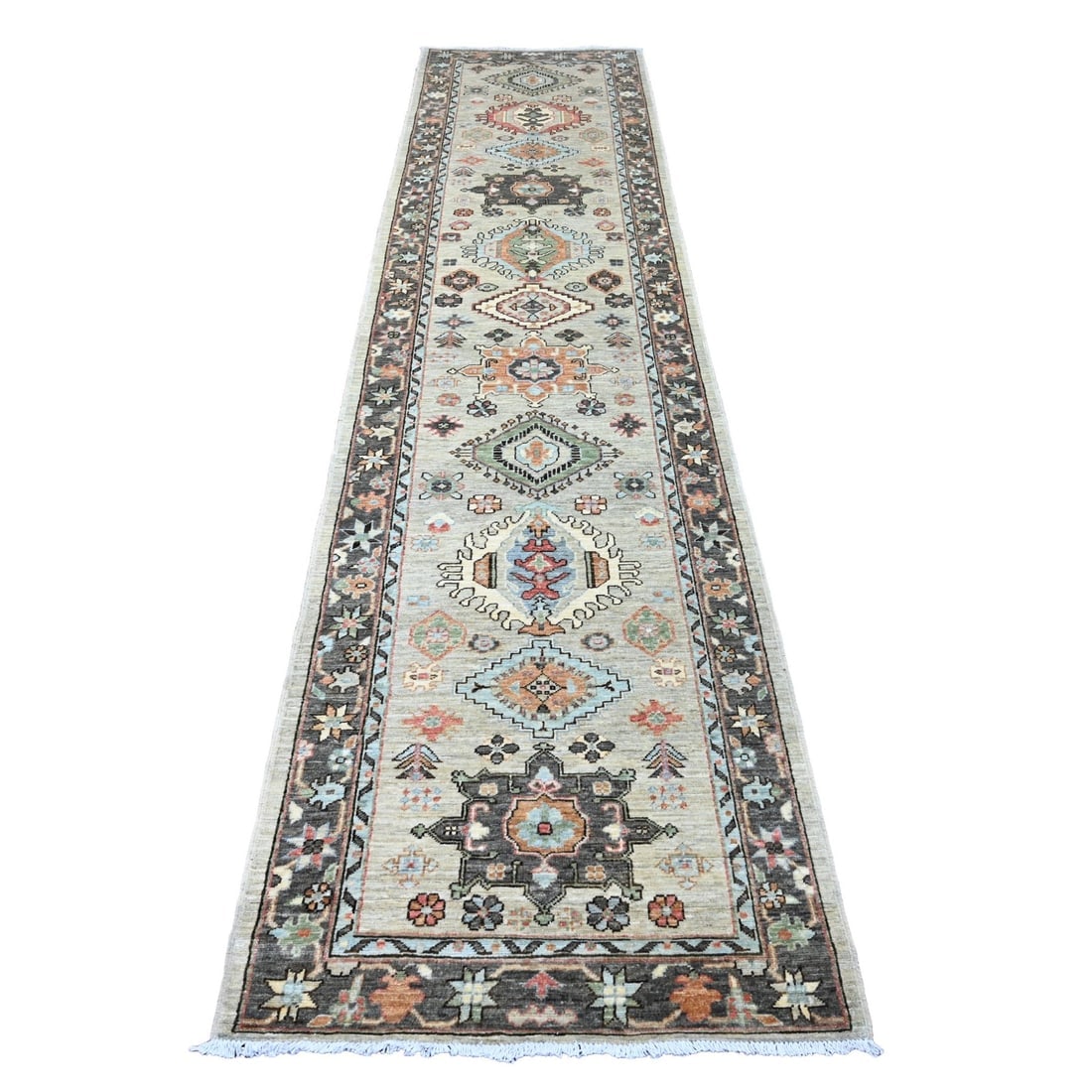 Gray Peshawar with Karajeh Design Hand Knotted Pure Wool Runner Rug (1 of 6)