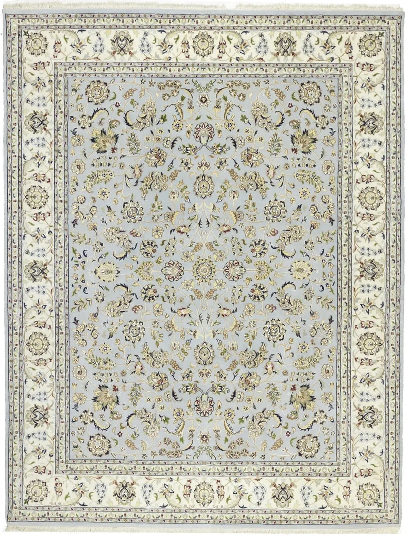 Light Blue-gray Floral 8X10 Indo-Nain Oriental Rug: Title: Light Blue-gray Floral 8X10 Indo-Nain Oriental RugDescription:Handmade 8X10 blue-gray Oriental rug made with vegetable dyes (fine wool pile and cotton foundation), exceptional knot count, and