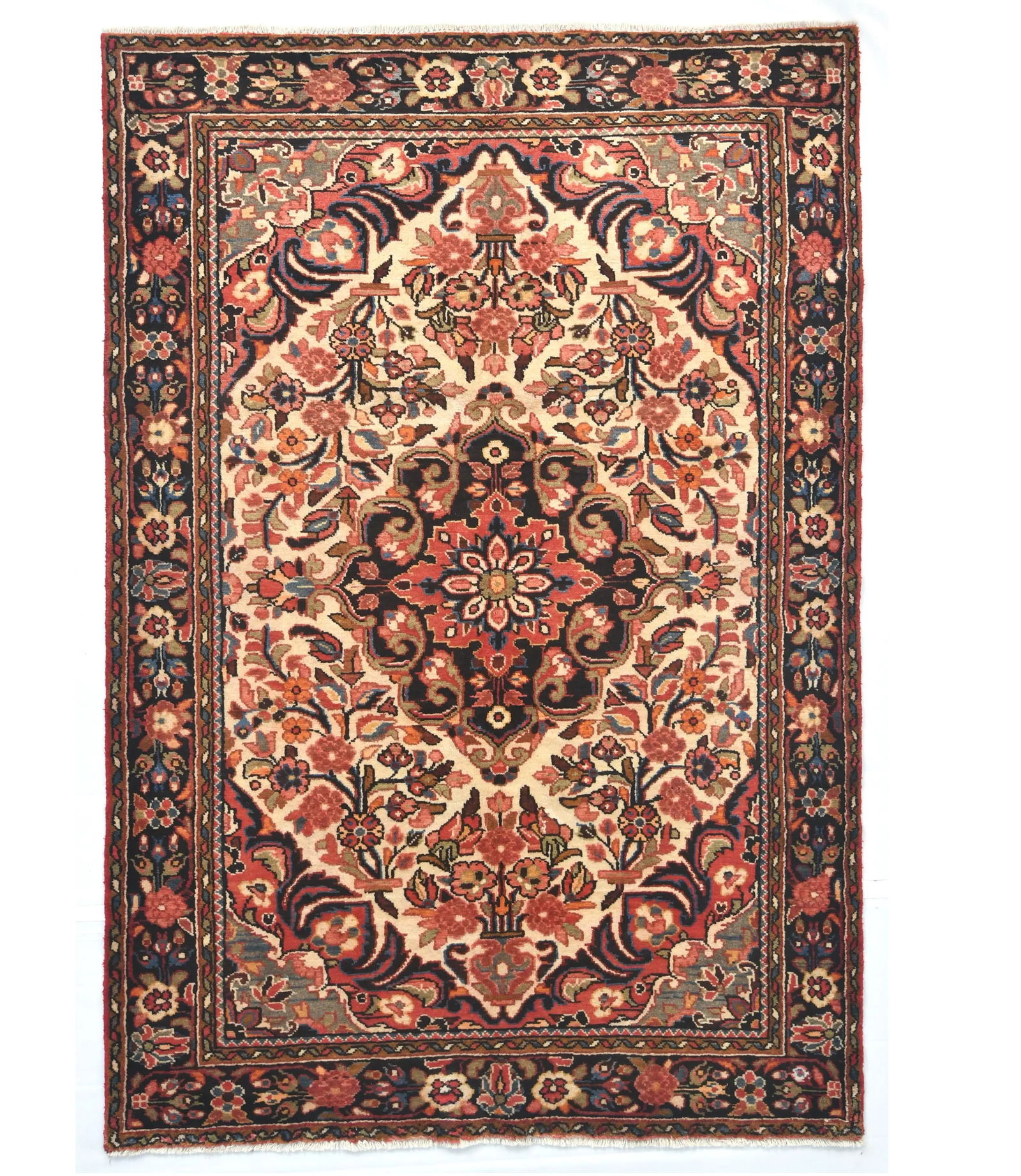 Cream Floral Tribal 5'0X8'5 Hamedan Persian Rug: Title: Cream Floral Tribal 5'0X8'5 Hamedan Persian Rug Description:Handmade vintage 5X8'5 Cream rug made with vegetable dyes (fine wool pile and cotton foundation), exceptional knot count, and appeali