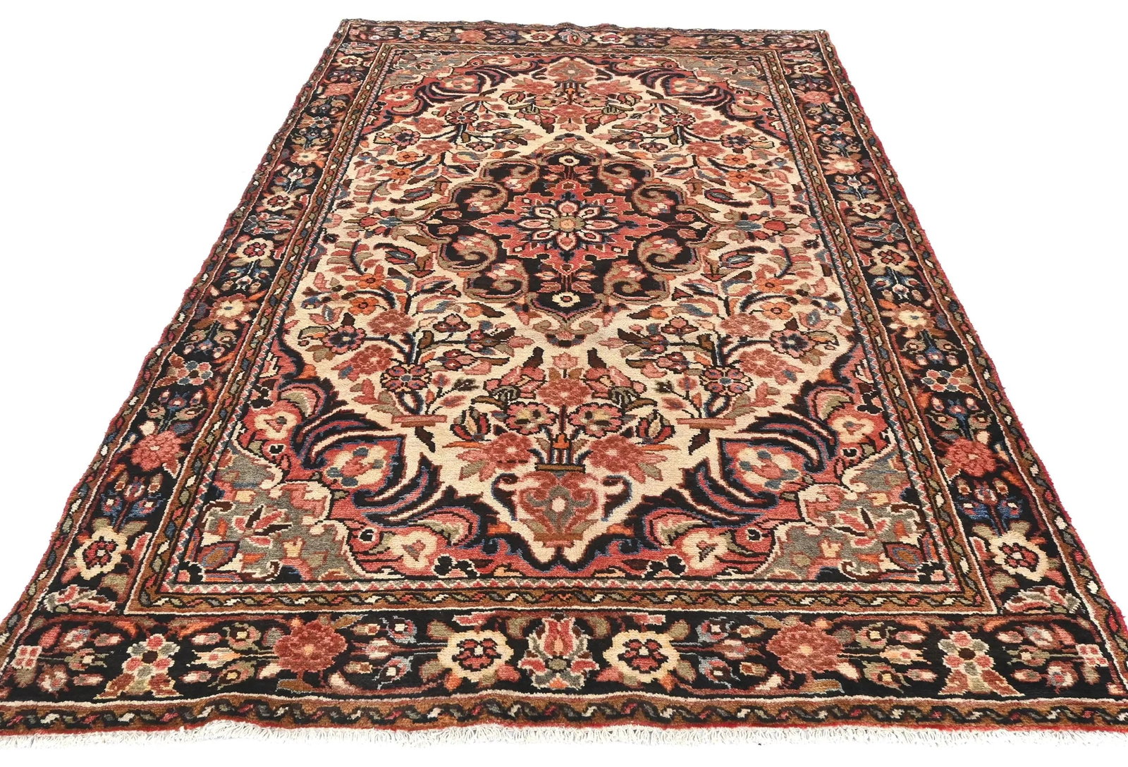 Cream Floral Tribal 5'0X8'5 Hamedan Persian Rug - 2