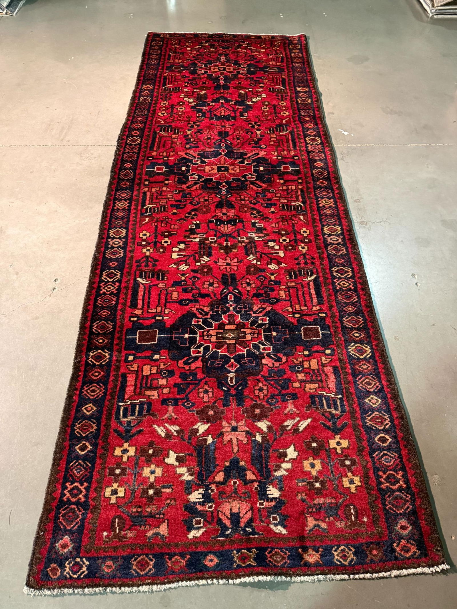 Magnificent Persian Runner 3.7x10.4: Title:Magnificent Persian Runner 3.7x10.4 Description:3'.7"X10'.4" Authentic Persian Hamedan runner in red, and multi accent colors 100% wool Hand knotted in Iran Reserve: $680.00 Shipping: Domestic:
