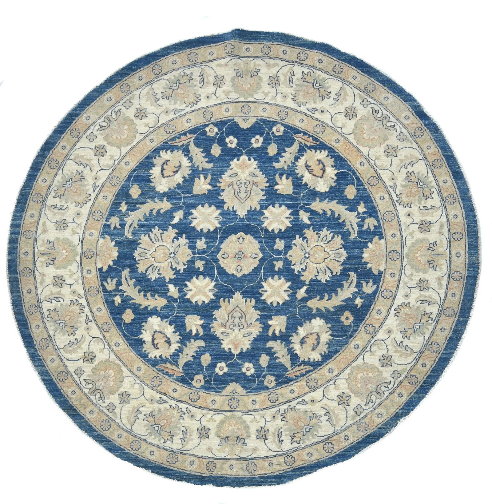 Muted Royal Blue Floral Transitional 7x7 Oushak Oriental Round Rug: Title: Muted Royal Blue Floral Transitional 7x7 Oushak Oriental Round RugDescription:Hand-knotted in India with a transitional style for versatile décor appealElegant floral pattern bringing